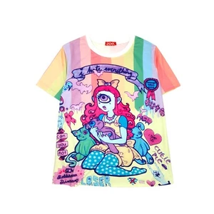 Harajuku Rainbow Graphic T-Shirt Kawaii Cyclops Girl Print Tee Pastel Oversized - Picture 1 of 6