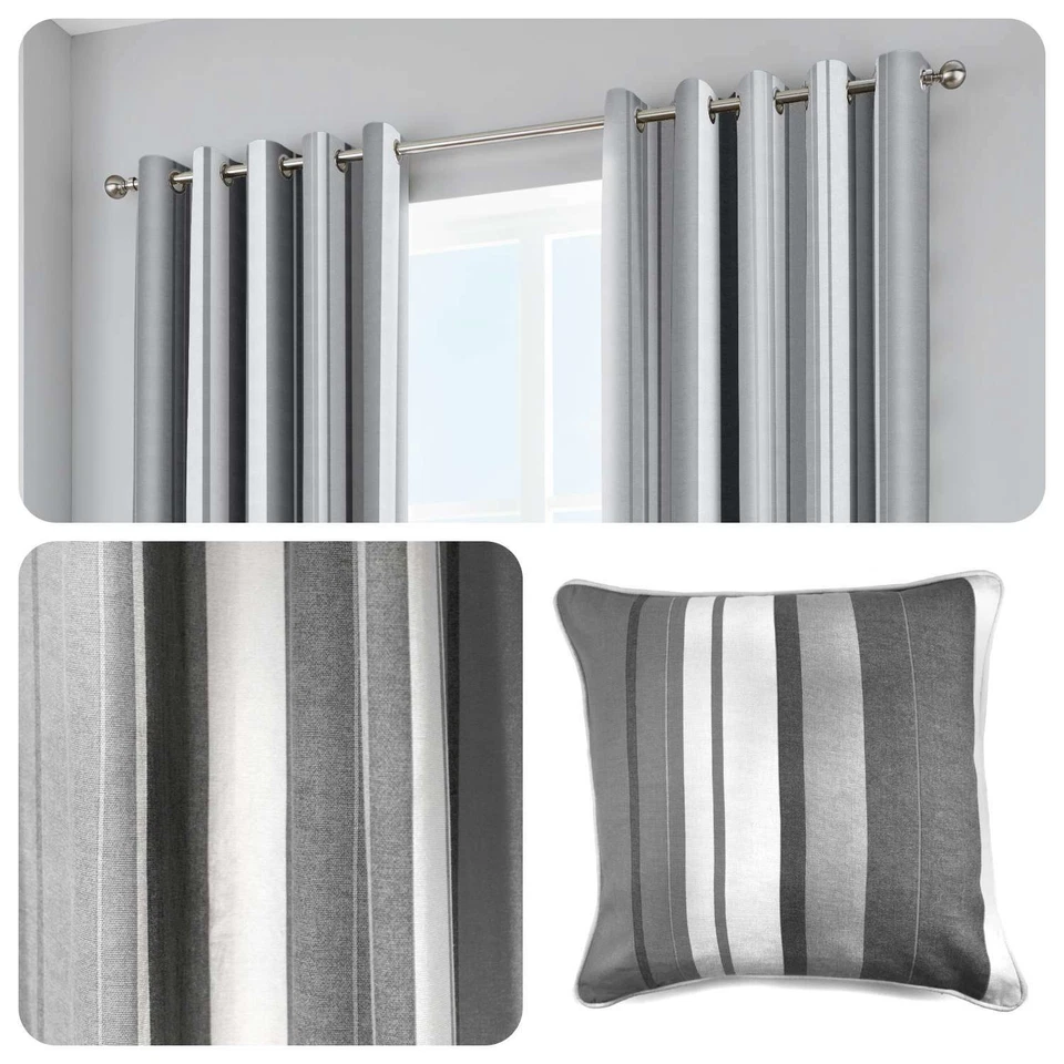 Fusion WHITWORTH STRIPE Grey 100% Cotton Ready Made Eyelet Curtains & Cushions - Image 1 of 1
