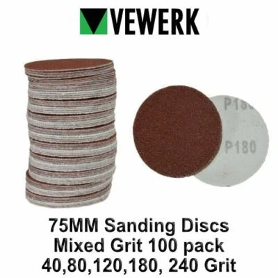 VEWERK 75MM Sanding Discs Mixed Grit 100 pack 40,80,120,180, 240 Grit 8180 - Image 1 of 4