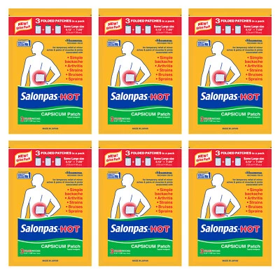 Parche Salonpas Hot Capsicum: Dolores, Esguinces de Artritis 3 Ct (PAQUETE DE SEIS) Exp 7/2027 Foto 1 de 2