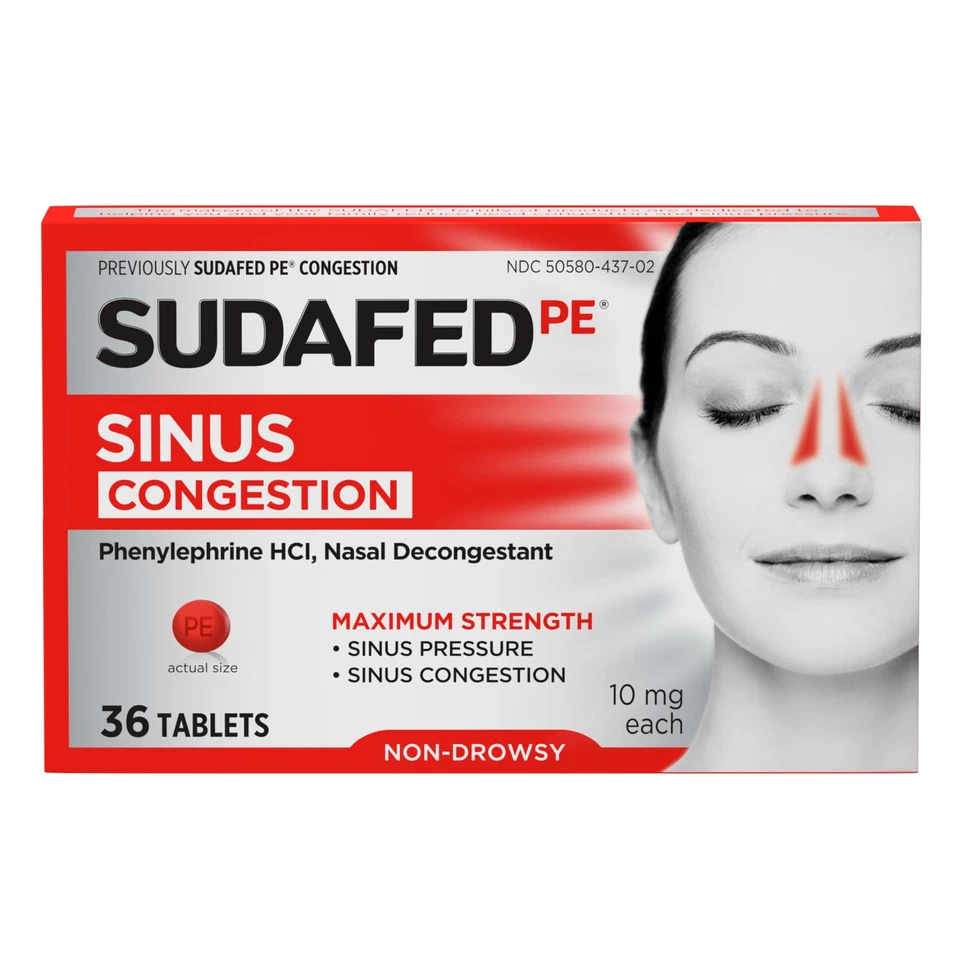 Sudafed Pe alivio de la congestión sinusal fuerza máxima 36 comprimidos sin somnolencia Foto 1 de 4