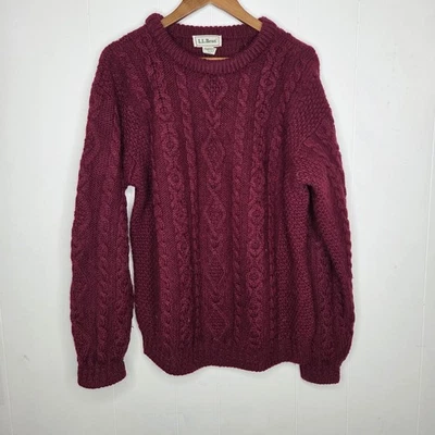 LL Bean Mens Vintage 100% Wool Burgundy Chunky Cable Knit Sweater Size L Grandpa - Image 1 of 4