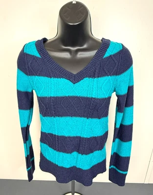 So Women's V-Neck Cable Knit Stripe Blue Sweater Size Small Cabincore Cozycore - Image 1 of 4