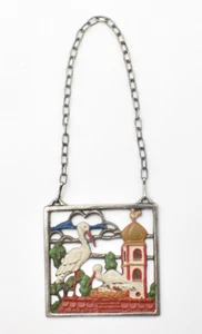 Kuhn Zinn Ornamento Targa Decorativa da Appendere Nido Cicogna Peltro Germany - Picture 1 of 4