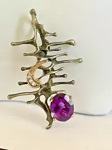 UNIQUE Sterling Silver 14K Rose Gold Natural .09CT Diamond 4CT Amethyst Pendant - Picture 1 of 11