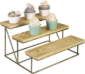 MyGift 3 Tier Brown Wood and Brass Metal Cupcake Dessert Display Riser Stand - Picture 1 of 7