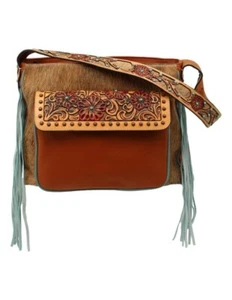 New! Women's Ariat CALF HAIR HANDBAG PURSE w/ Aqua fringe Floral tooling Strap - Picture 1 of 1