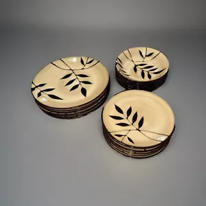 Elite Midnight Palm Black Cream Leaves - 18 Dish Set - Picture 1 of 4