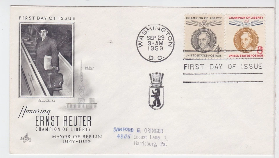 TurtlesTradingPost - Ernst Reuter 1959 #1136-7 Artcraft Cachet FDC - Image 1 of 1