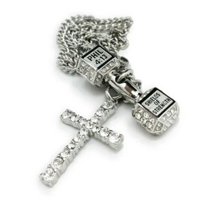 Men's Combo Necklace w/Crystals-Isaiah 46:4 Cross/Phil 4:13 Dumbbell - Picture 1 of 3