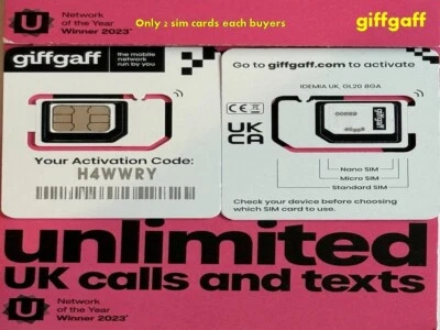 15GB New Latest Giffgaff DATA Unlimited call text SIM card gifgaf uk £10 20p