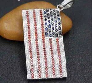 Lab Created Diamond USA Flag Pendant 2.10Ct Round Cut In 14K White Gold Plated - Picture 1 of 9