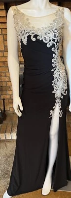 Vestido Largo Faviana Glamour Negro Jersey Dorado Bordado Lentejuelas Malla Nuevo con Etiquetas Talla 4 Foto 1 de 4