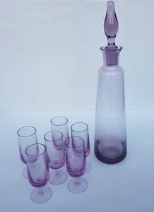 Vintage Mid Century Studio Art Glas Decanter Genie Bottle Large + 6 wine Glasses - Picture 1 of 16