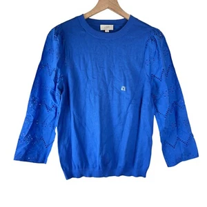 NWT LOFT Blue Eyelet 3/4 Sleeve Mixed Media Pullover Sweater Size Medium - Picture 1 of 6