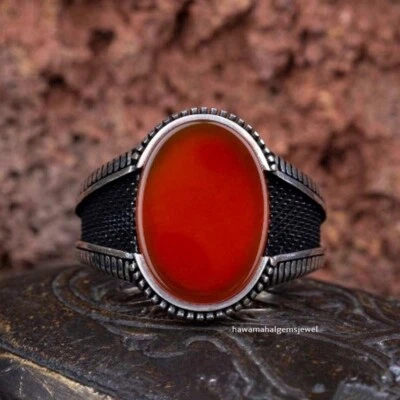 Solid Red Onyx Oval-Shaped Handmade Gemstone 925 Sterling Silver Men's Jewelry - Image 1 of 4