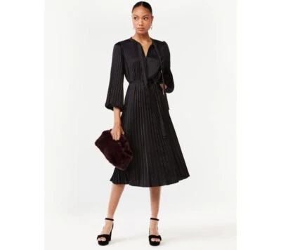 Vestido midi de gran tamaño plisado cintura con cinturón manga blusa Scoop para mujer talla S  Foto 1 de 4