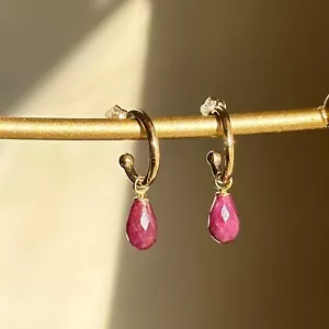 14K Yellow Gold Teardrop Briolette Genuine Ruby Charm Hoop Earrings Interchange - Picture 1 of 10