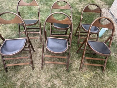Vintage MCM Plymold Folding Chairs Set of 6 Wood Black Vinyl Oval Back Mid Centu - Image 1 of 4