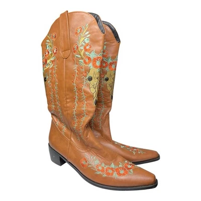 Botas de Vaquero Marrón con Flores Salvajes Bordadas Ciervo Calavera Western Boho Cottage Foto 1 de 4