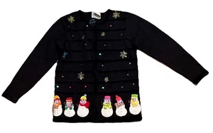 Vtg Quaker Factory Sweater Women S Black Sequin Beaded Christmas Holiday Snowmen - Picture 1 of 9