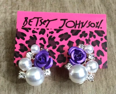 Betsey Johnson Crystal Pearl Purple Rose Earrings on Rose Gold Leverbacks New! - Image 1 of 2