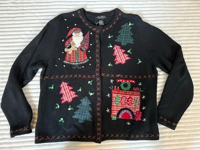 Suéter de Navidad Vintage Cardigan Grande Old World Plaid Homespun Rústico Foto 1 de 4