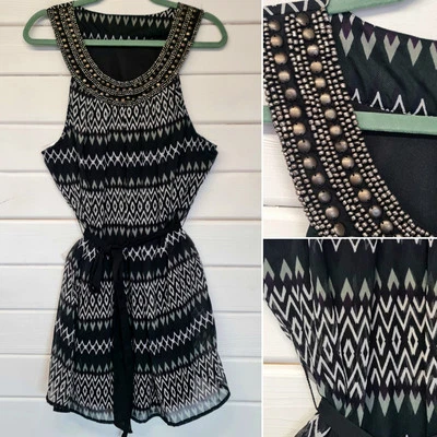 Ladies E-VIE Summer Beaded Sleeveless A-Line Dress Aztec Waist Tie - Size 16. - Image 1 of 4