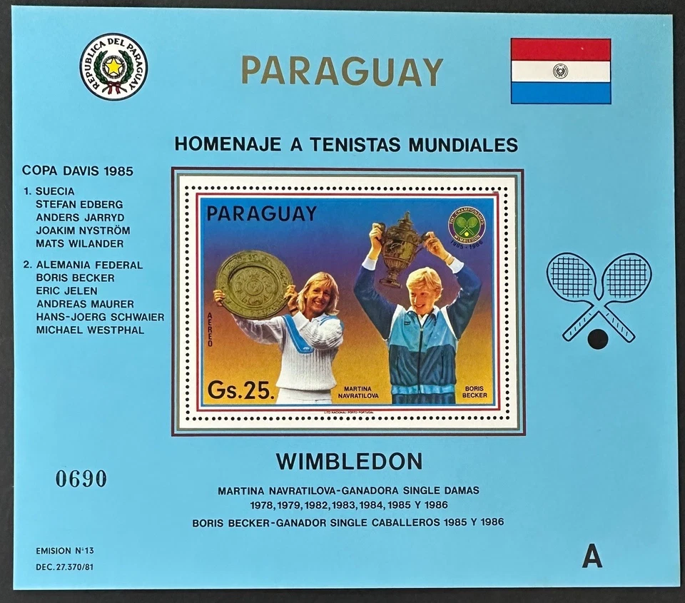 PARAGUAY 2191 Beautiful   Mint  NEVER  Hinged TENNIS Souvenir  Sheet WIMBLEDON - Image 1 of 1