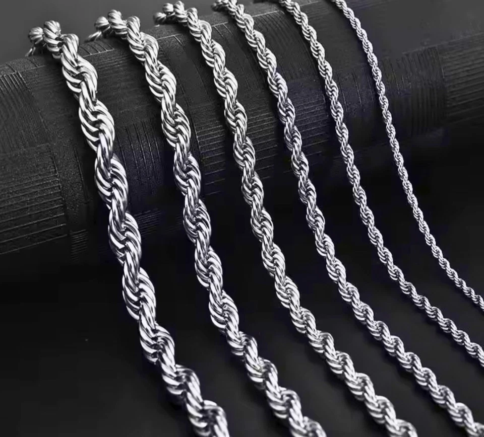 Collar de cadena de eslabones de cuerda de plata de ley 925 - unisex, 16-26", acero inoxidable Foto 1 de 4