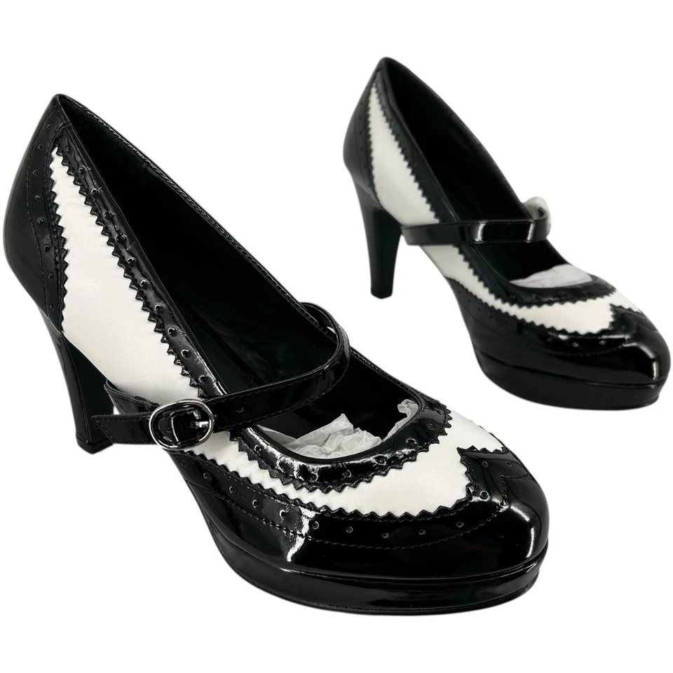 NEW Women's Black White Flapper Maid Halloween Mary Jane Buckle Heel Pumps 7/8M - Image 1 of 4
