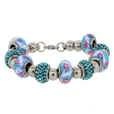 15MM Sky Blue Pave Crystal Ball and Beads Snake Chain Bracelet 7"+1" Extender - Image 1 of 3