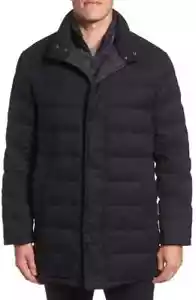 Cole Haan V3604 Mens Navy Stand Collar Quilted Down Inset Bib Coat Size S - Picture 1 of 8