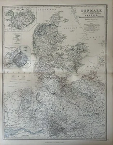 1876 Denmark & Iceland Large Hand Coloured Original Antique Map by Johnston - Picture 1 of 3