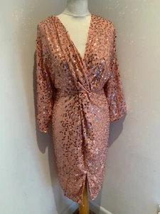 Boohoo sequin Twist Front Midi DRESS 18 NEW peach fixed wrap kimono sleeve - Picture 1 of 13