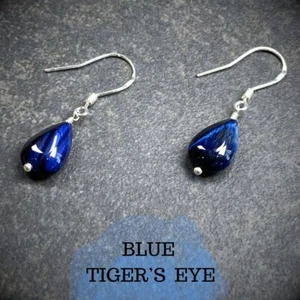 Blue Tiger's Eye Earrings - 925 Sterling Silver - Wire Wrapped - Gemstone - E225 - Picture 1 of 4