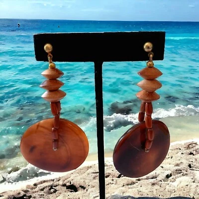 Shell Beaded Wooden Dangle Earrings Drop Bohemian Ethnic Hippie Tribal Coastal  - Image 1 of 4