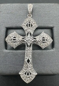Beautiful 10K White Gold Diamond Cross Pendant 2mm Bale 1.75" Inches - Picture 1 of 7