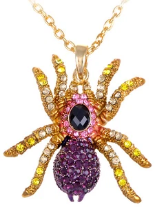 Purple Ladyk Golden Tone Crystal Rhinestones Spider Pendant Necklace - Picture 1 of 4