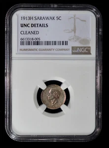 NGC UNC 1913-H SARAWAK SILVER 5 CENTS - RARE!! - Picture 1 of 2