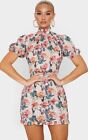 Pretty Little Thing Nude Rose Print High Neck Short Sleeve Bodycon Dress Size 10