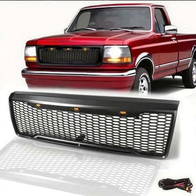 Front Bumper Grille Grill For 1992-1996 Ford F150 F250 F350 Pickup Bronco W/ LED - Image 1 of 4