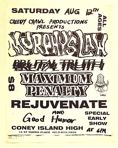 MURPHYS LAW BRUTAL TRUTH MAXIMUM PENALTY VINT 95 FLYER 8/12/95 CONEY ISLAND HIGH - Picture 1 of 2