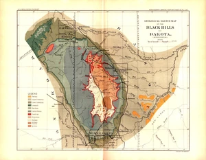 BLACK HILLS OF DAKOTA, WYOMING Antique Geology Map 1897 - Picture 1 of 1