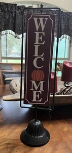 Fall Welcome Sign Happy Fall Table Top 2 Sided Metal Sign Autumn Fall Pumpkin - Picture 1 of 8