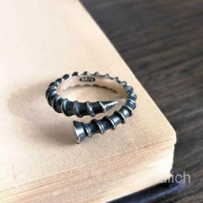 Dark 925 Sterling Silver Detailed Screw Nail Wrap Ring Adjustable Gothic Unique - Image 1 of 4