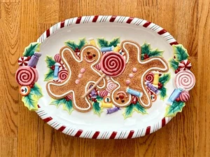 Fitz and Floyd Candy Lane Express Gingerbread Man 3D Raised 18.5” Oval Platter - Picture 1 of 14