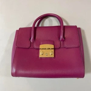 FURLA Metropolis Satchel Leather 2way Hand Tote Crossbody Bag Women Red Purple - Picture 1 of 17