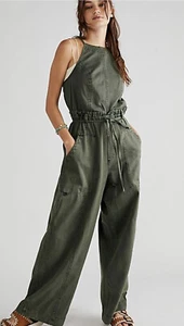 Free People Hearts Run Free One Piece Denim Jumpsuit Waist Tie Army Green XS NWT - Picture 1 of 8