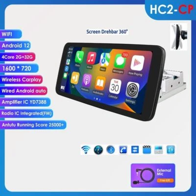 Single 1DIN Rotatable 10.33'' Android CarPlay Car Stereo Radio GPS WiFi 1600*720 - Image 1 of 4